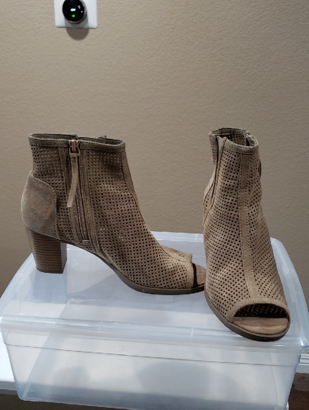 Perforated Taupe Peep-Toe Ankle Booties with Side Zip